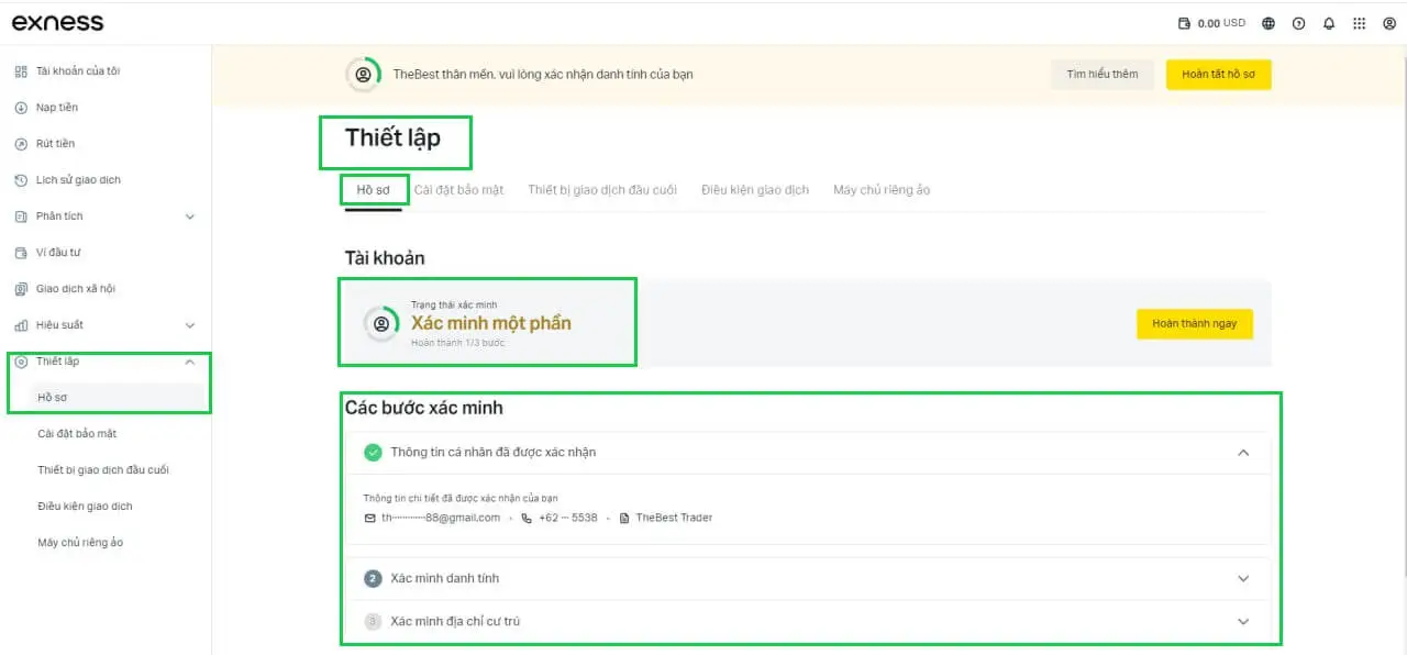 Hướng dẫn xác minh Exness, bước 2 - đường dẫn đến cài đặt hồ sơ để xác minh