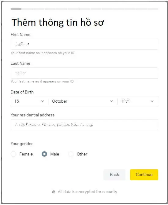 Xác minh Exness - thêm thông tin hồ sơ, tên và họ, ngày sinh, địa chỉ cư trú và giới tính